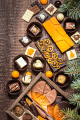 chocolate sweets, chocolates with Christmas symbols, toys, tree