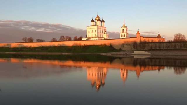 Panorama of the Pskov Kremlin at sunset, october evening. Russia 