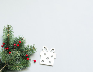 Christmas and Happy new year background with fir-tree branches and christmas ornaments, top view. Christmas card