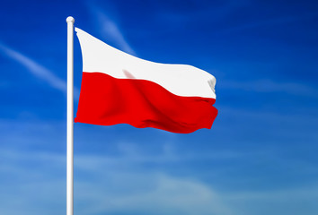 Waving flag of Poland on the blue sky background
