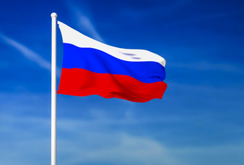 Waving flag of Russia on the blue sky background