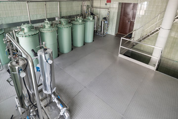 Pre-filtration department of alcohol at a vodka factory