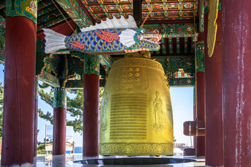 Yangyang, Gangwon-do, South Korea - Hyuhyuam's  golden temple bell and fish gong.