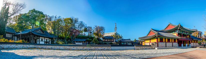 Gangneung-si, Gangwon-do, South Korea - Gangneung Imyeonggwan, Sammun, Dongheon, Chilsadang the buildings represent a panorama.
