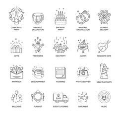 Event and party line icons set for wedding, birthday or corporate entertainment service