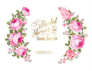 Red rose flower wreath with calligraphic text for bridal shower invitation. Vector illustration.