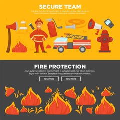 Fire protection and firefighter team of fire security instruction web banners flat design template