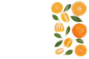 orange or tangerine with leaves isolated on white background with copy space for your text. Flat lay, top view