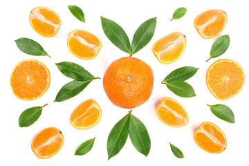 Fototapeta na wymiar orange or tangerine with mint leaves isolated on white background. Flat lay, top view. Fruit composition