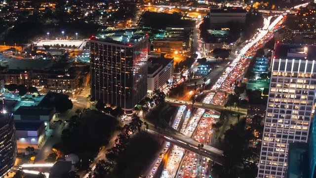 Time-lapse traffic on the 110 Downtown Los Angeles highway at night