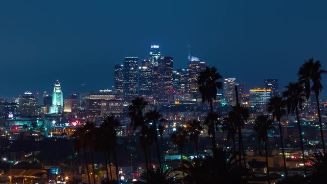 Time-lapse of Downtown Los Angeles cityscape with palm trees in the foreground