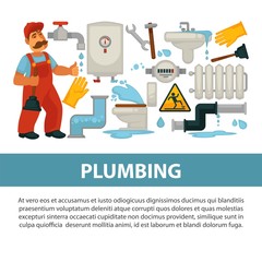 Plumbing service vector poster of bathroom toilet or kitchen plumber equipment
