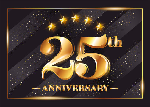 25 Years Anniversary Celebration Vector Logo. 25th Anniversary Gold Icon with Stars and Frame. Luxury Shiny Design for Greeting Card, Invitation, Congratulation Card. Isolated on Black Background.
