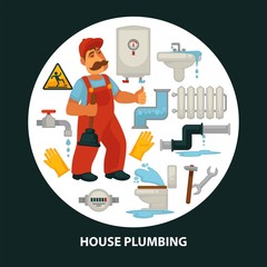House service vector flat poster for kitchen or bathroom sewerage and leakage plumber repair equipment