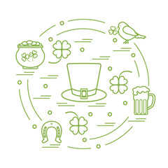 Cute vector illustration with different symbols for St. Patrick's Day arranged in a circle.