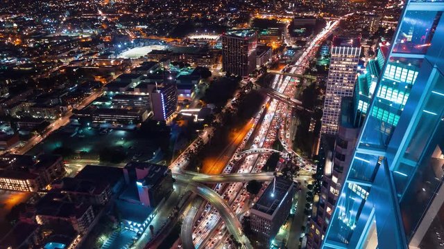 Time-lapse traffic on the 110 Downtown Los Angeles highway at night