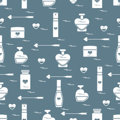 Cute seamless pattern with various accessories for the care of your body and hair: perfume bottles in the shape of a heart, cream, hair spray and other.