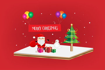 Merry Christmas Festival 3d concept. Gift box and Christmas tree with red banner hanging on a balloon multicolor on a red color background. Vector illustration design. EPS10