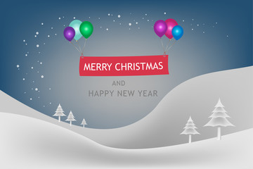 Fototapeta na wymiar Merry Christmas and Happy new year festival concept. The snow mountain and snowflake in winter seasonal with balloon multi color and text decoration banner. Vector illustration design. EPS10