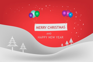Merry Christmas and Happy new year festival concept. The snow mountain and snowflake in winter seasonal with balloon multi color and text decoration banner. Vector illustration design. EPS10