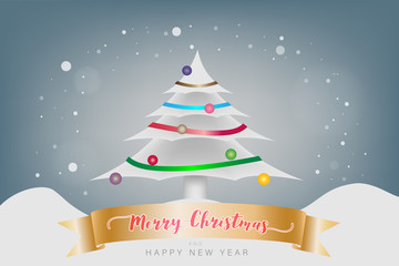 Merry Christmas and Happy New Year festival concept. The snow mountain and snowflake with Christmas tree in winter seasonal and text decoration. Vector illustration design. EPS10