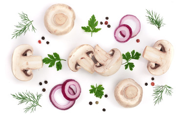 Fototapeta na wymiar mushrooms with onion parsley leaf dill and peppercorns isolated on white background. top view