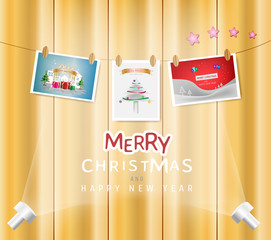 Merry Christmas and Happy New Year festival concept. Christmas postcard hanging with a rope on a wooden wall color background and text decoration. Vector illustration design. EPS10