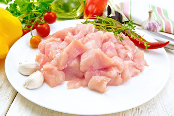 Chicken breast raw sliced in plate on light board