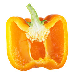 Orange sweet pepper cut in half inside longitudinal section isolated on white background