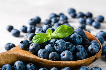 Blueberries. Spoon with berries, freshly harvested organic fruit.