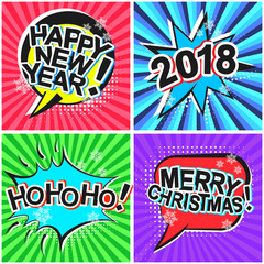 Bright colorful christmas retro speech bubbles set. Black outline color message balloons with halftone shadow and stripes in pop art style for winter holiday stickers, happy new year greeting, design