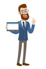 Hipster Businessman with crossed fingers holding tablet PC