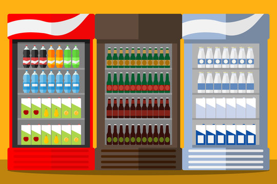 Showcase-refrigerator with drinks. Beer, carbonated water, juice, milk.
