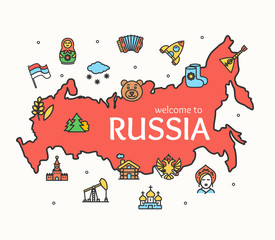 Russia Design Template Line Icon Welcome Concept and Map. Vector