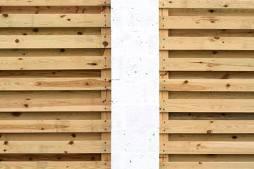 White pillar and background of wooden horizontal slats