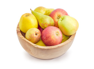 Apples and pears in the vintage wooden fruit dish