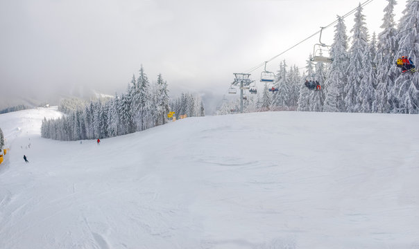 Ski slope and chairlift among spruce forest in ski resort