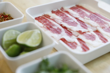close up raw pork sukiyaki korea food style