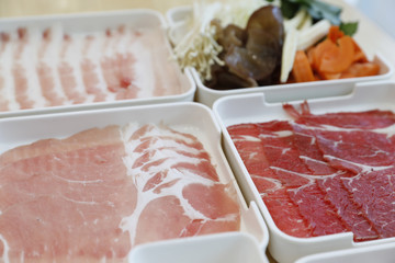 close up raw pork sukiyaki korea food style