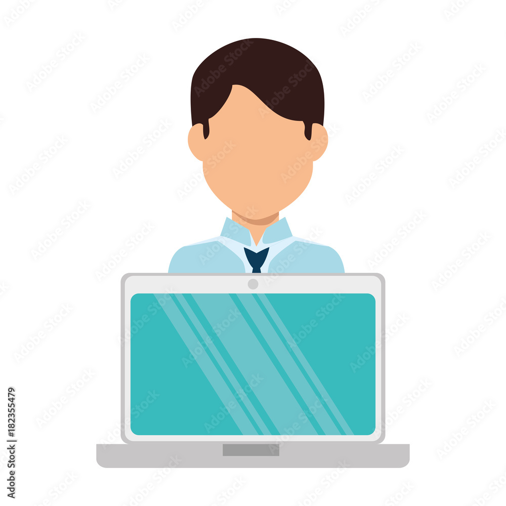 Poster laptop computer with user vector illustration design