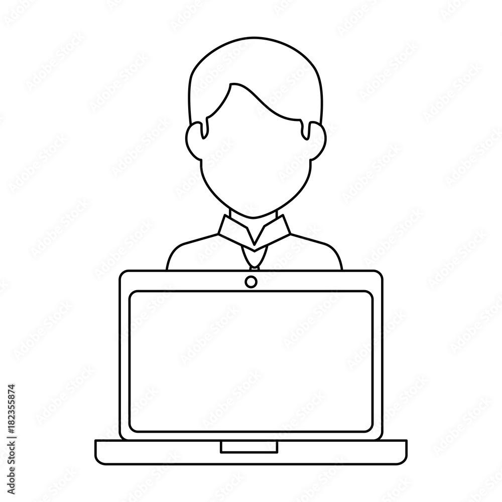 Poster laptop computer with user vector illustration design