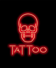 Neon sign. Red neon sign of the skull with the inscription tattoo. Vector illustration.