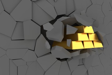 Gold bars crashed the wall. 3D rendering.