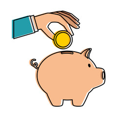 hand saver with piggy savings and coins vector illustration design