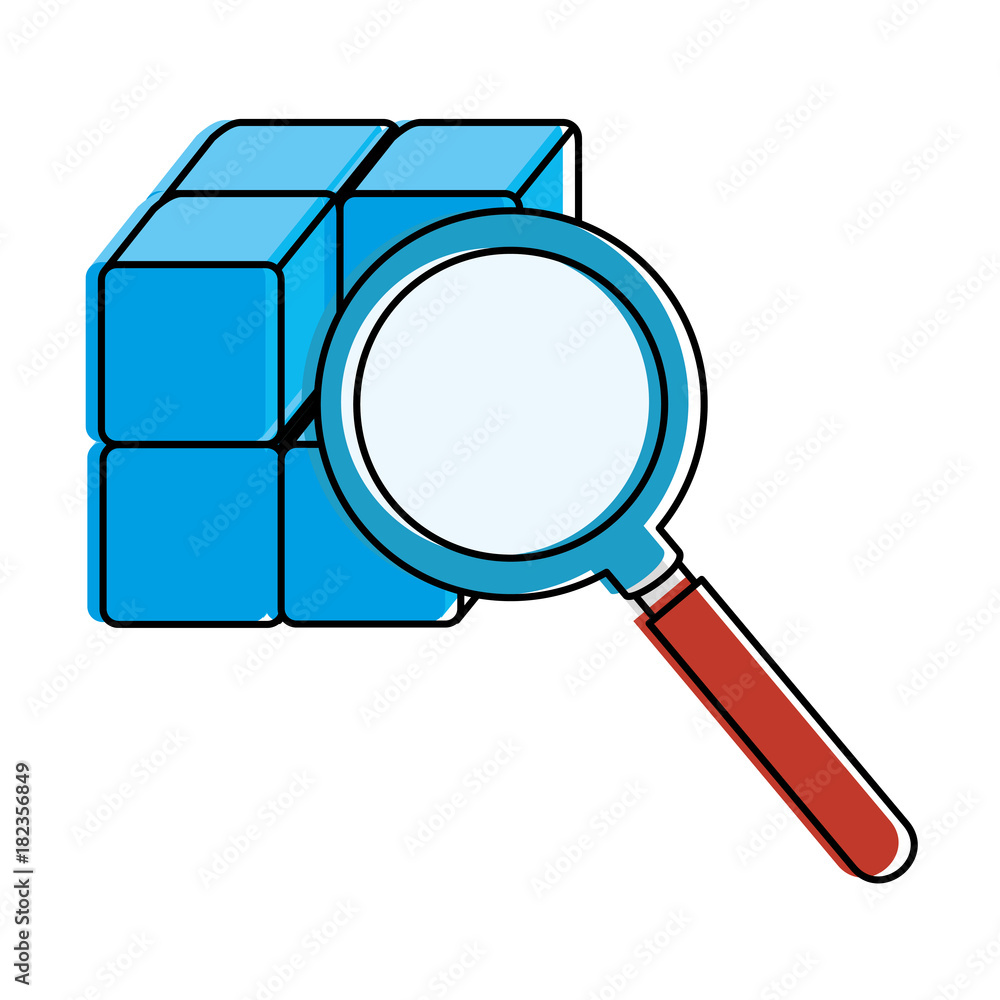 Poster cube with blocks with magnifying glass vector illustration design