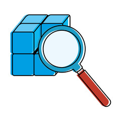 cube with blocks with magnifying glass vector illustration design
