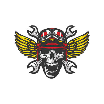 Skull rider road vector workshop design logo emblem illustration