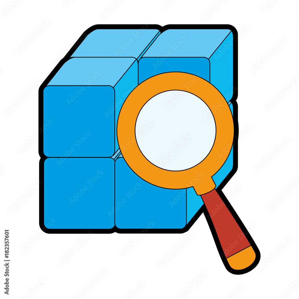 Aufkleber cube with blocks with magnifying glass vector illustration design