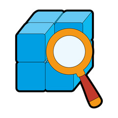 cube with blocks with magnifying glass vector illustration design