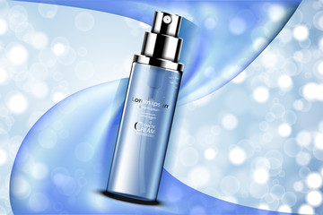 Luxury cosmetic Bottle package skin care cream, Beauty cosmetic product poster, with Bokeh and Water background